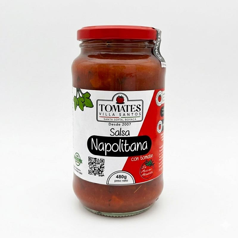Salsa Napolitana 480 gr Villa Santos sin azúcar añadida y sin aditivos químicos, solo ingredientes frescos y naturales.