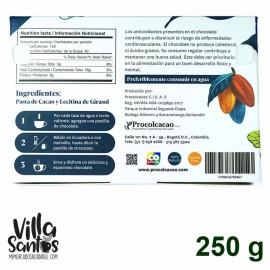 Chocolate de Mesa sin dulce 250 gr Procolcacao - Tabla Nutricional